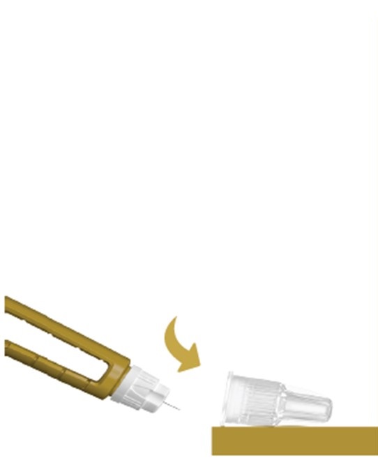 För in nålspetsen i det yttre nålskyddet utan att vidröra injektionsnålen eller det yttre nålskyddet.