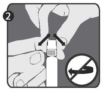 Ta tag i locket (A) med den andra handen och vicka det bestämt framåt och bakåt för att bryta av dess anslutning till sprutspetsfästet (D).