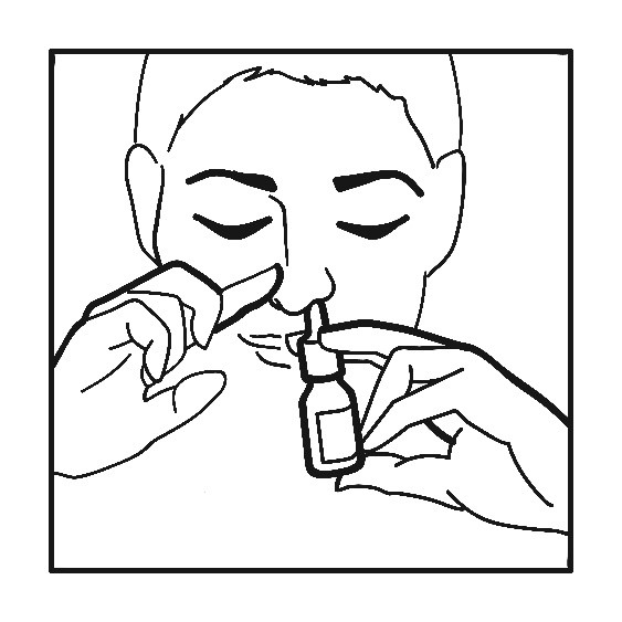 Håll flaskan upprätt och för försiktigt in sprayspetsen i en näsborre