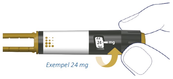 Vrid på dosväljaren för att välja din ordinerade dos. Kontrollera att du har valt rätt dos.