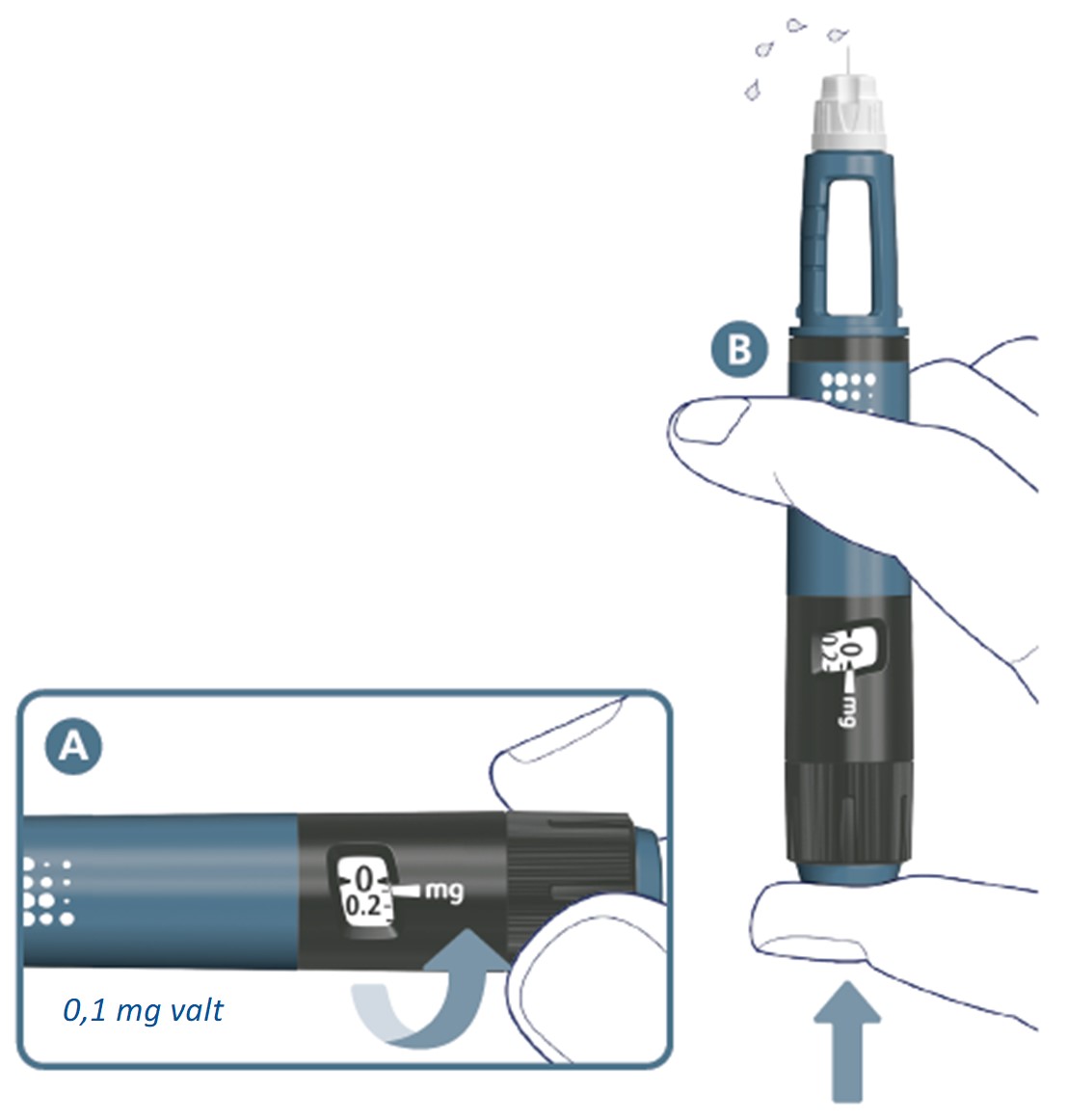 Vrid en markering på dosväljaren för att välja 0,1 mg. Håll injektionspennan så att injektionsnålen pekar uppåt.