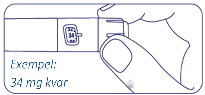 Exempel  på hur mycket Alhemo som finns kvar i injektionspennan: 34 mg kvar