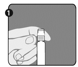  Håll sprutan (E) i ena handen med locket riktat uppåt. Var noga med att hålla sprutan i det vita räfflade sprutspetsfästet (D).