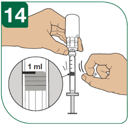 14 - Avlägsna alla överflödiga luftbubblor genom att knacka försiktigt på sprutan.