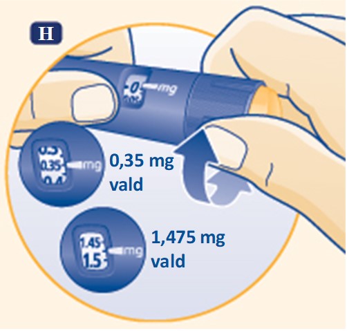 Vrid dosväljaren framåt eller bakåt tills rätt antal mg är i linje med markören