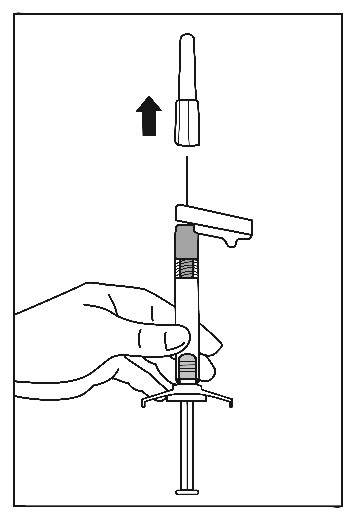 5.	Drag av nålskyddet rakt ut, bort från nålen. Vrid inte skyddet eftersom nålen då kan lossna från sprutan.
