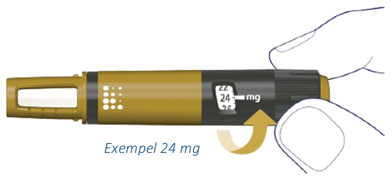Vrid på dosväljaren för att välja din ordinerade dos. Kontrollera att du har valt rätt dos.