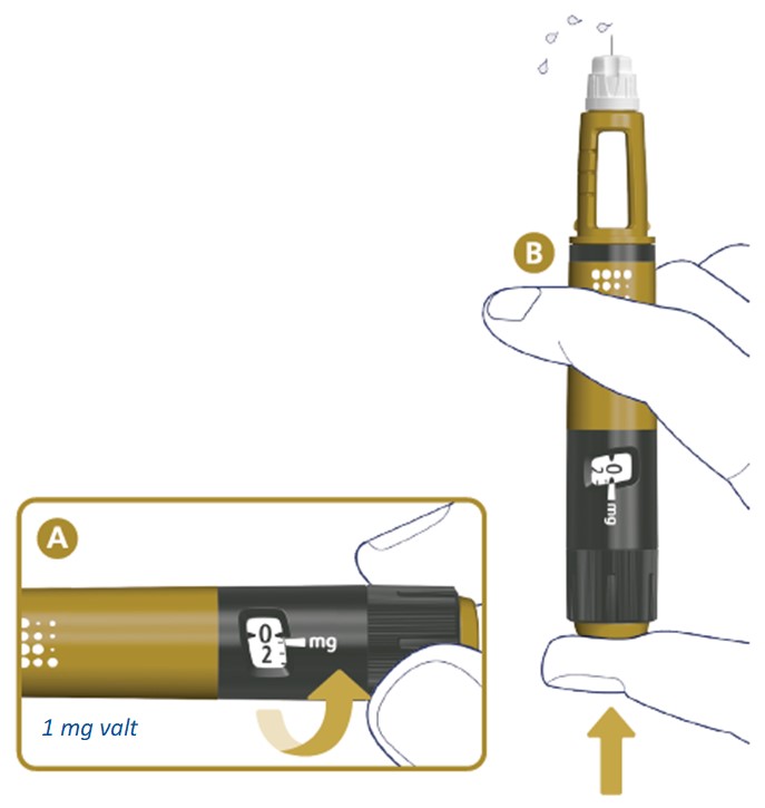 Vrid en markering på dosväljaren för att välja 1 mg. Håll injektionspennan så att injektionsnålen pekar uppåt.