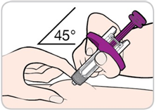 Håll sprutan i cirka 45 graders vinkel och stick in nålen helt och hållet i hudområdet som du nyper om.