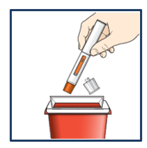 Lägg den använda förfyllda injektionspennan och hylsan i en avfallsbehållare för vassa föremål omedelbart efter användning.