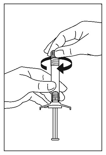 3.	Håll sprutan med ändproppen vänd uppåt och avlägsna gummiproppen med en försiktig vridrörelse.
