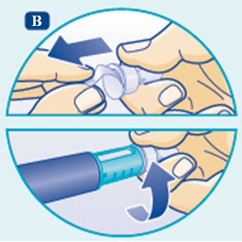 Dra bort skyddspappret och skruva fast injektionsnålen rakt på pennan. 