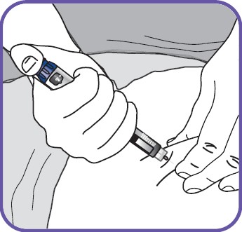 Tryck in nålen helt i låret (du kan nypa ihop ett hudveck om läkaren eller sjuksköterskan sagt att du ska göra det). Kontrollera att ”GO” visas i doseringsfönstret.