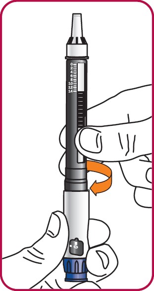 Med det yttre nålskyddet riktat uppåt, skruva fast cylinderampullen på pennan medurs tills det inte finns något mellanrum mellan cylinderampullen och pennan.