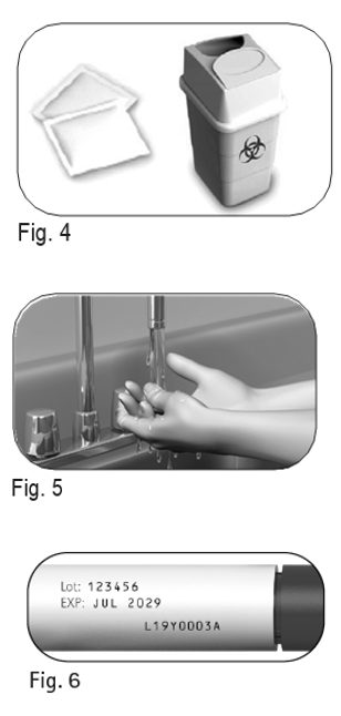 Figur 4 visar spritsuddar och behållare, figur 5 visar tvättning av händerna, figur 6 visar etikett med utgångsdatum