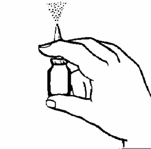 Bilden visar en hand som håller i flaskan och sprutar en duschstråle rakt upp. 
