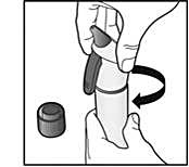 Bilden visar hur applikatorhuvudet fästs på patronen