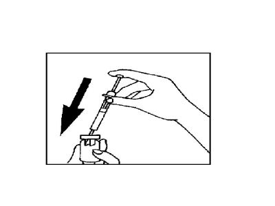 Bilden beskriver en spruta som trycks ner i en injektionsflaska