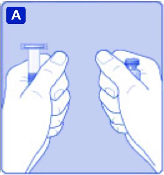 Låt injektionsflaskan och den förfyllda injektionssprutan uppnå rumstemperatur. Det kan du göra genom att hålla dem i händerna tills de känns lika varma som händerna.