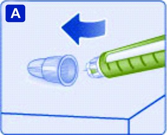 För in nålspetsen i det yttre nålskyddet på en plan yta utan att röra vid injektionsnålen eller det yttre nålskyddet.