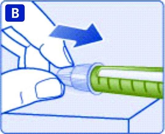 När injektionsnålen är täckt, för du försiktigt på det yttre nålskyddet helt och hållet. Skruva bort injektionsnålen och kassera den på ett säkert sätt.