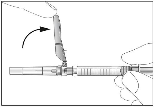 Fäll upp stickskyddet från nålen och mot sprutcylindern. Stickskyddet stannar kvar i det läge som du ställer det i.